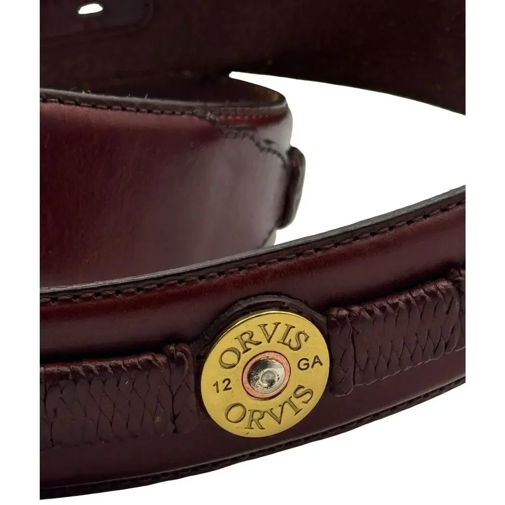 Orvis Mens Shotshell Belt Size 34 Brown Leather Brass Buckle Concho Braided Hunt